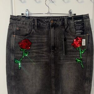 Buffalo David Bitton Black Denim Skirt with Red and Green Embroidery